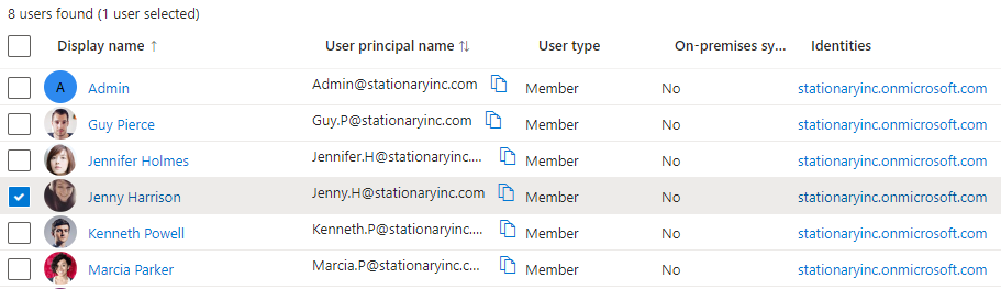 Example user Jenny displayed in Azure Portal